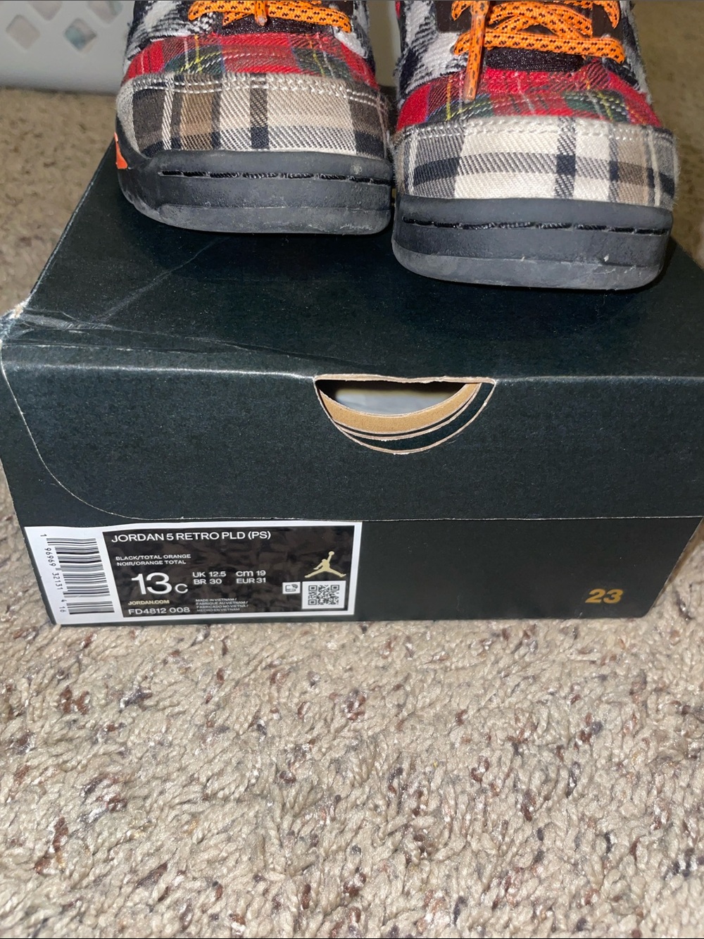 Jordan Kids Sneakers Plaid Red Tan with Orange Laces